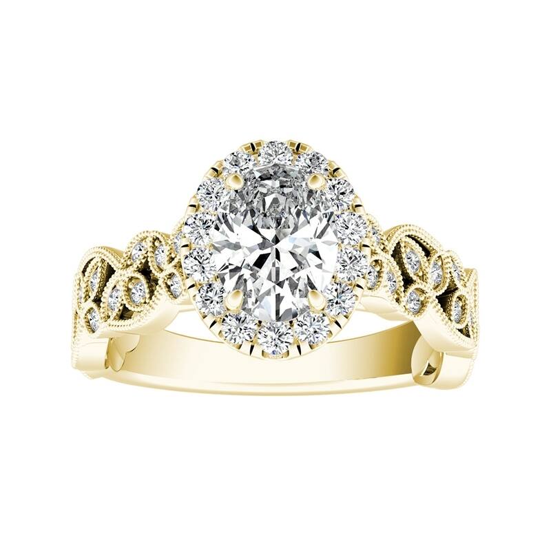 Vintage Floral Vine Halo Oval Diamond Engagement Ring 3/4ctw 14k Gold by Auriya - 8 - Yellow