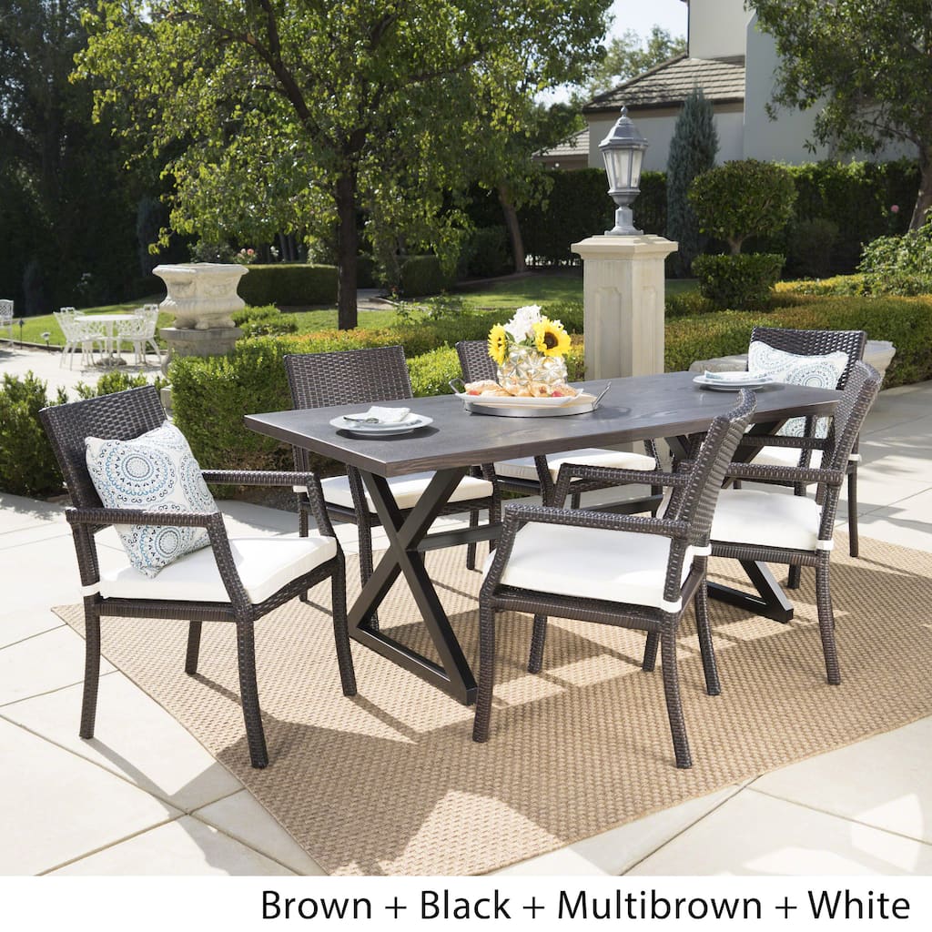 Alani Outdoor 7-piece Rectangular Wicker Aluminum Dining Set with Cushions by Christopher Knight Home