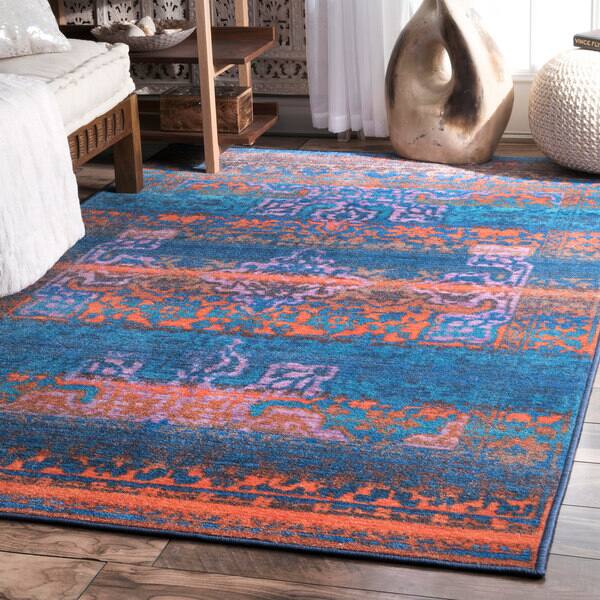 slide 2 of 8, Nuloom Navy Blue/Pink/Orange Vintage-inspired Faded Mist Tribal Florid Nylon Area Rug