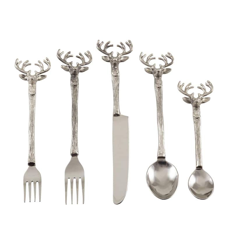 Reindeer Design Rustic Woodsy Style Flatware - Set of 5 - Silver