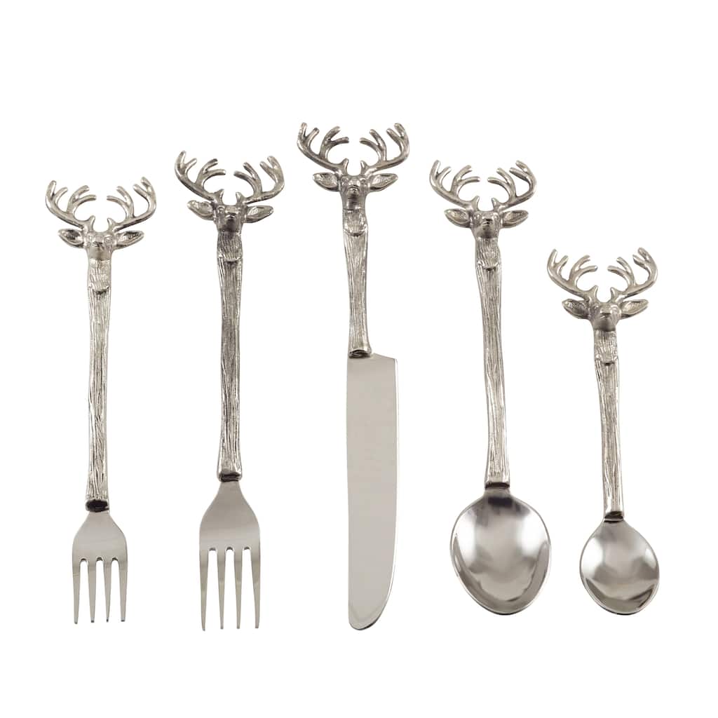 Reindeer Design Rustic Woodsy Style Flatware - Set of 5 - Silver