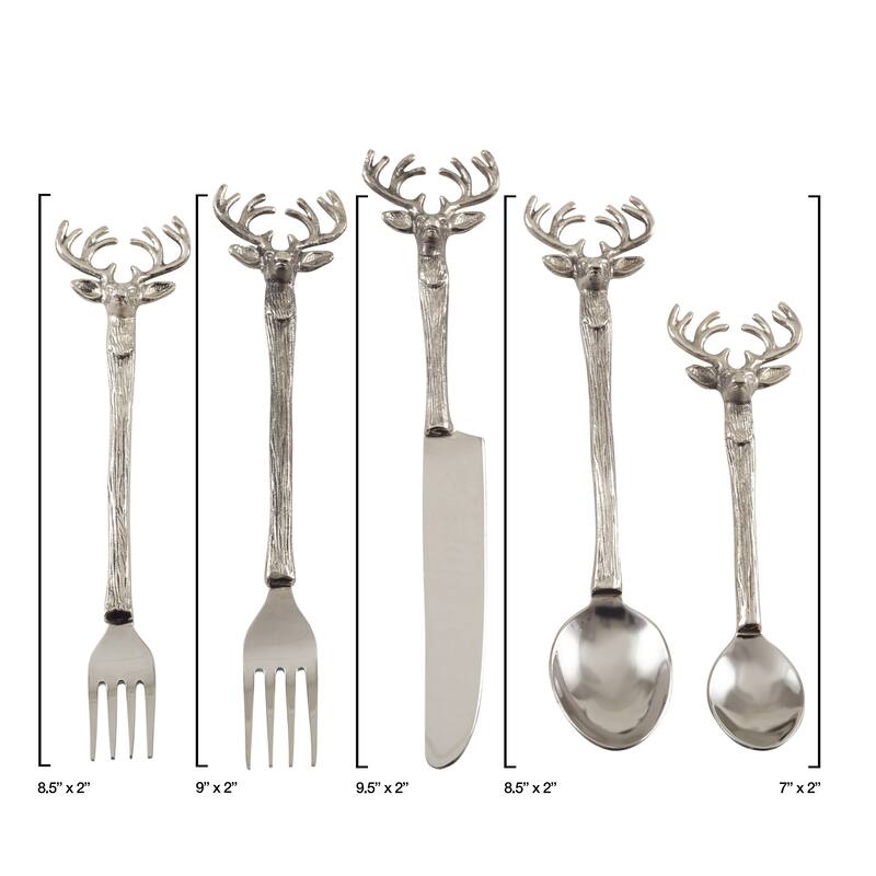 Reindeer Design Rustic Woodsy Style Flatware - Set of 5 - Silver