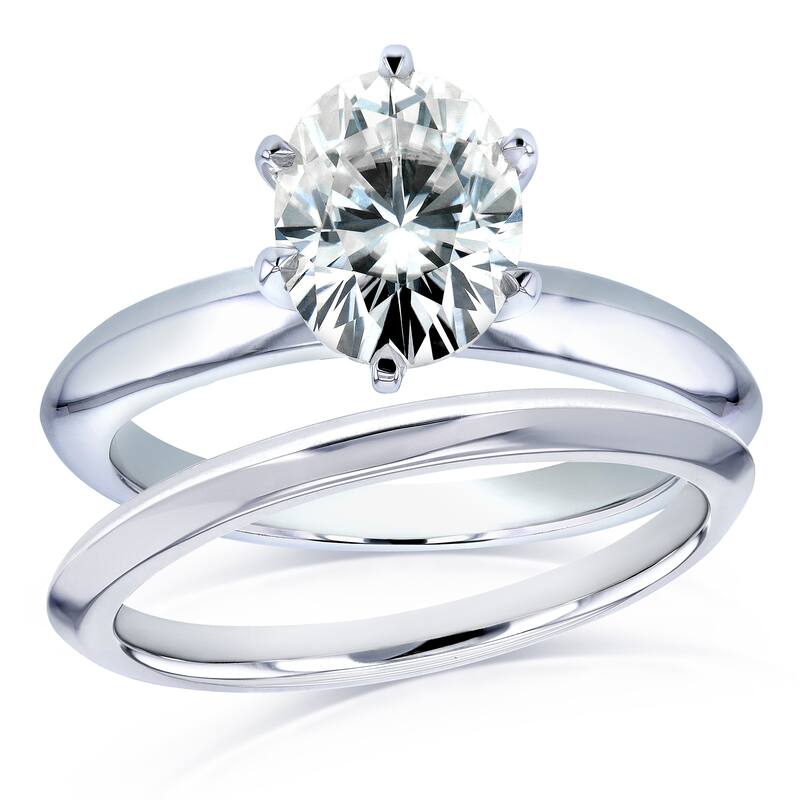 Annello by Kobelli 14k White Gold 1 1/2 Carat Oval Moissanite 6-prong Solitaire Bridal Set