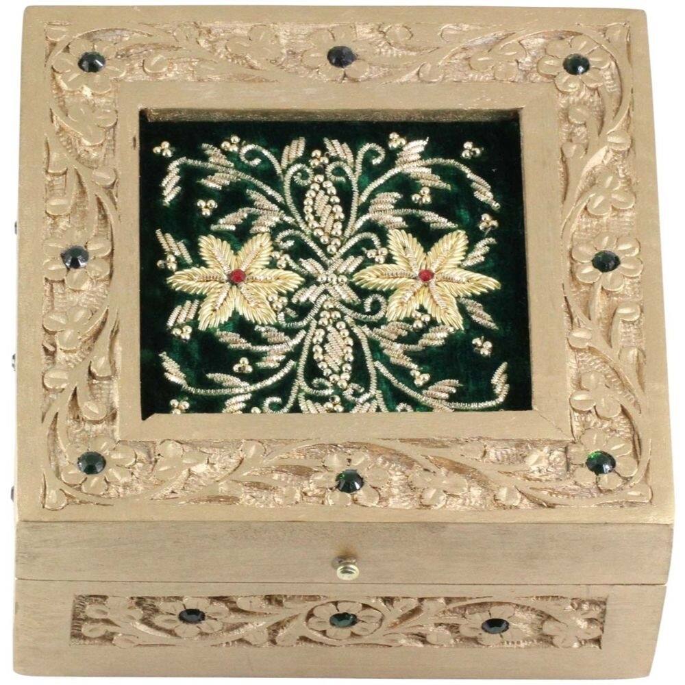 Handmade 6" Mango-Wood Jewelry Box/ Trinket Box With Zari Work - Golden
