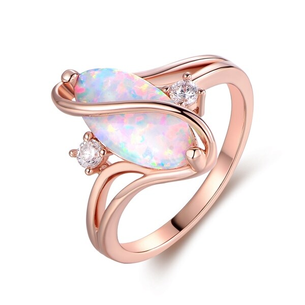 Rose Gold Plated White Fire Opal & Cubic Zirconia Accents Ring