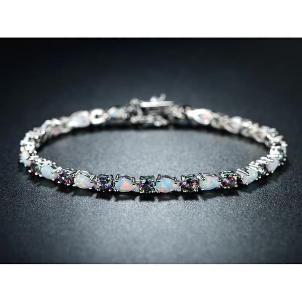 White Gold Plated Rainbow Quartz Fire Opal Tennis Bracelet White Gold Plated Rainbow Quartz Fire Opal Tennis Bracelet
