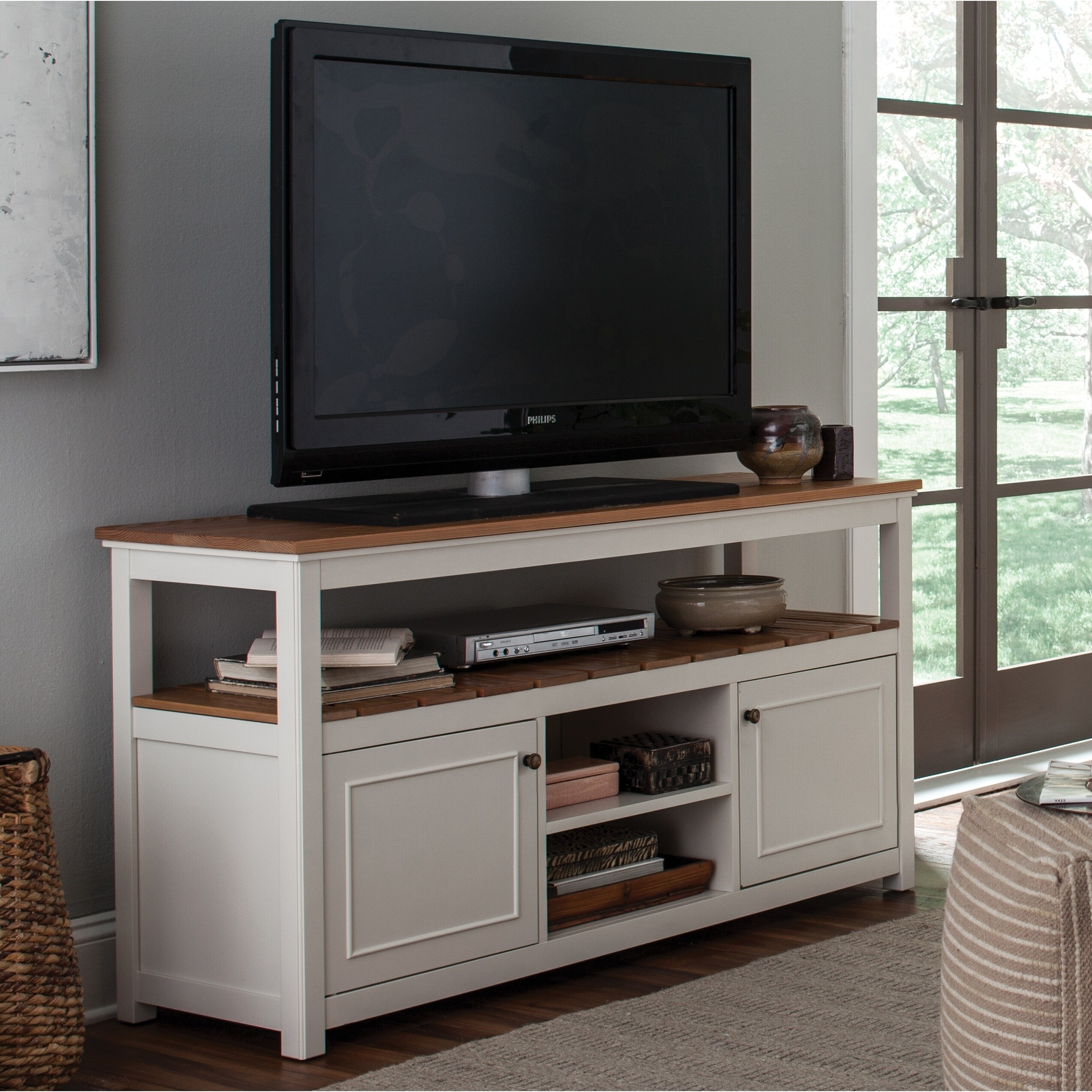 Shop Savannah Tv Cabinet Ivory With Natural Wood Top Free