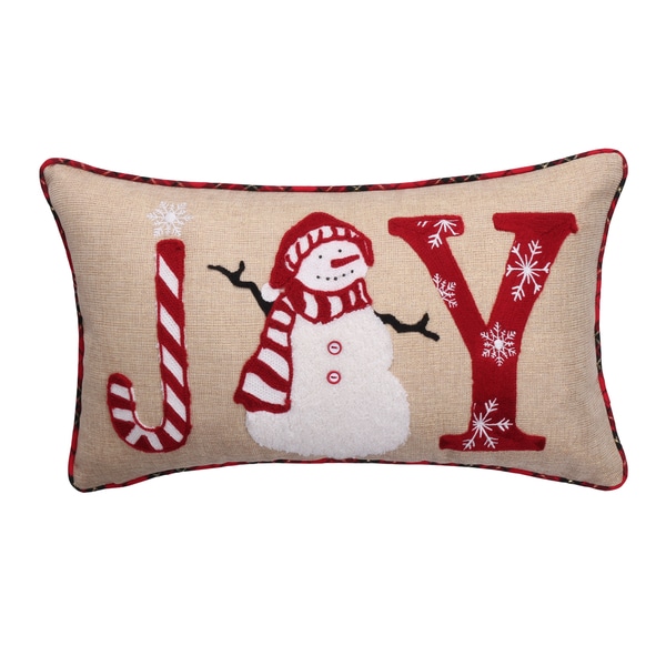 Joy Snowman Plaid Down Feather Fill 12 x 20-inch Embroidered Decorative Throw Pillow