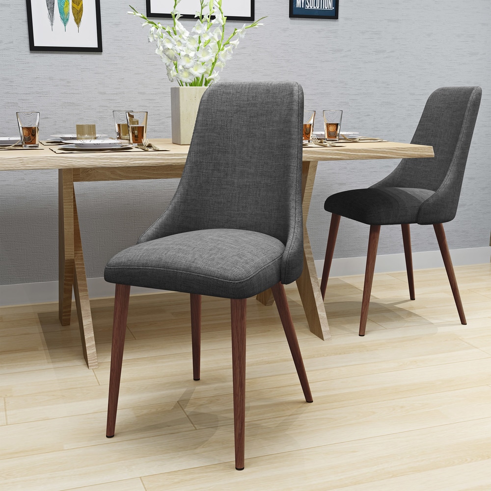 Grey, 2 GIZZA Linen Fabric Dining Side Chairs Lounge Seat with Sturdy Wooden Metal Legs Mid-Century Style Inspired for Home Kitchen Office Room Decor 