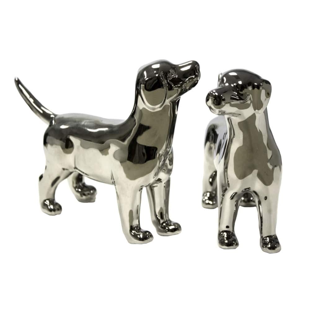 Contemporary Style Silver Ceramic Dog Figurines, Set of 2