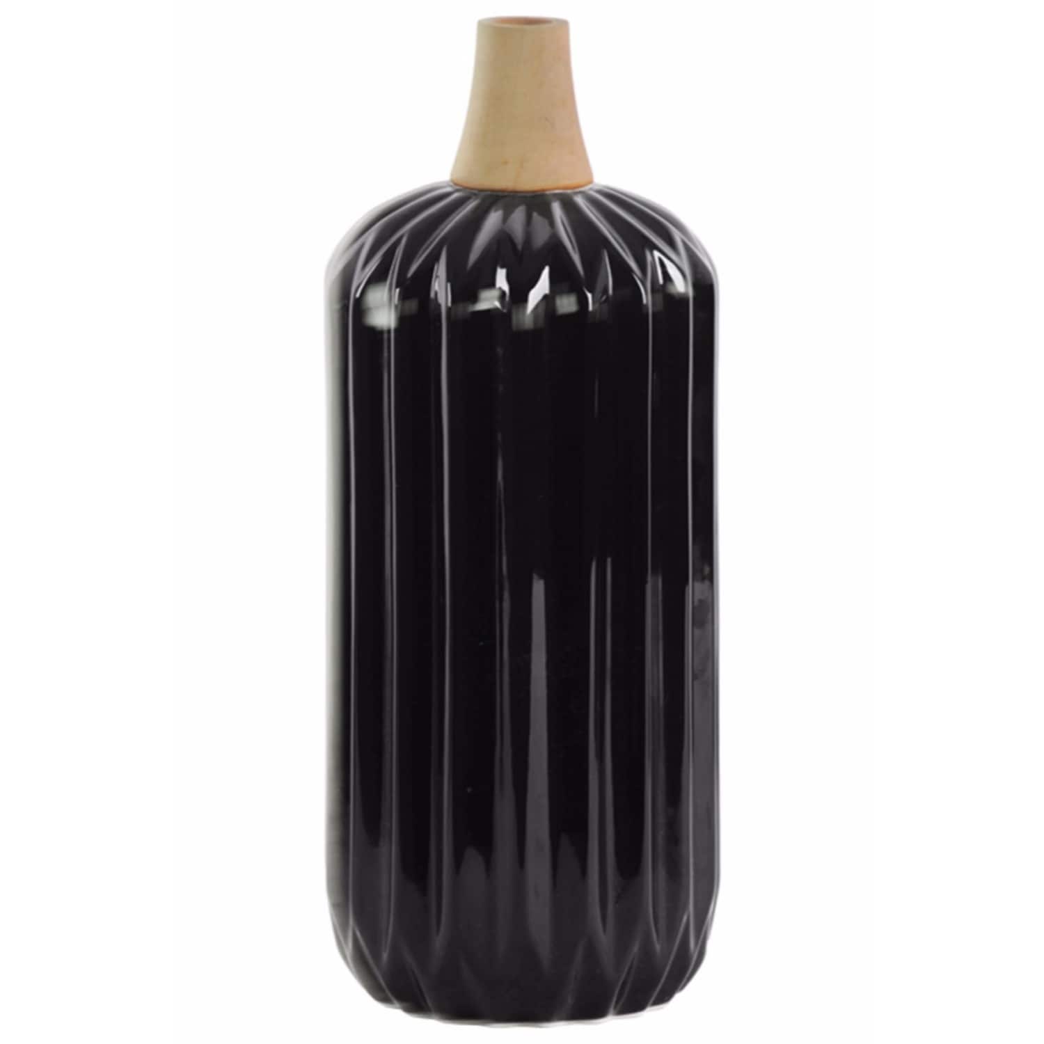 Cylindrical Moluccan Vase with Ribbed Design Body - Large - Black