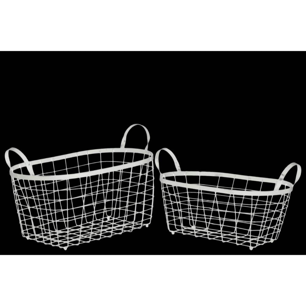 Rectangular Wire Basket with Handles and Mesh Body Set of Two White