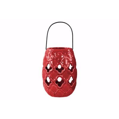 Round Lantern with Cutout Quatrefoil Design and Metal Handle- Red