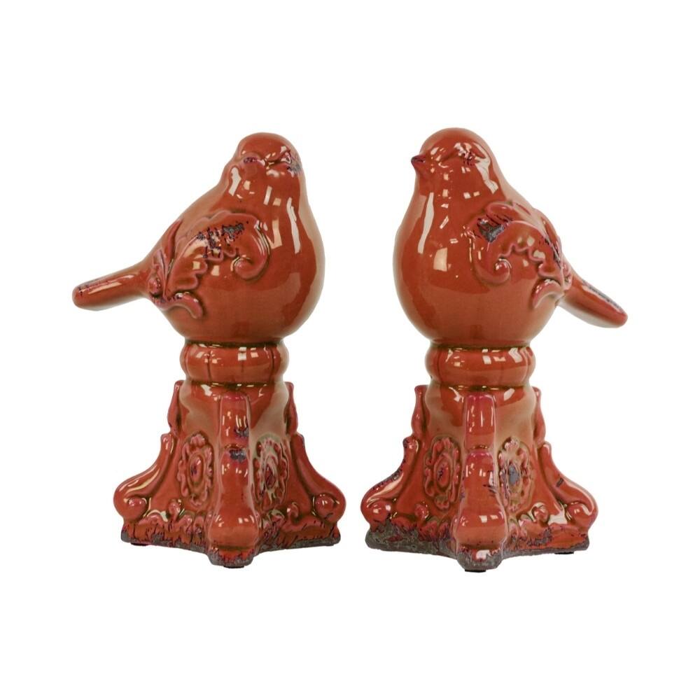 Elegant Red Bird Figurines On Pedestal - Assortment Of 2