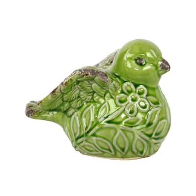 Bird Figurine with Embossed Floral Design - Green