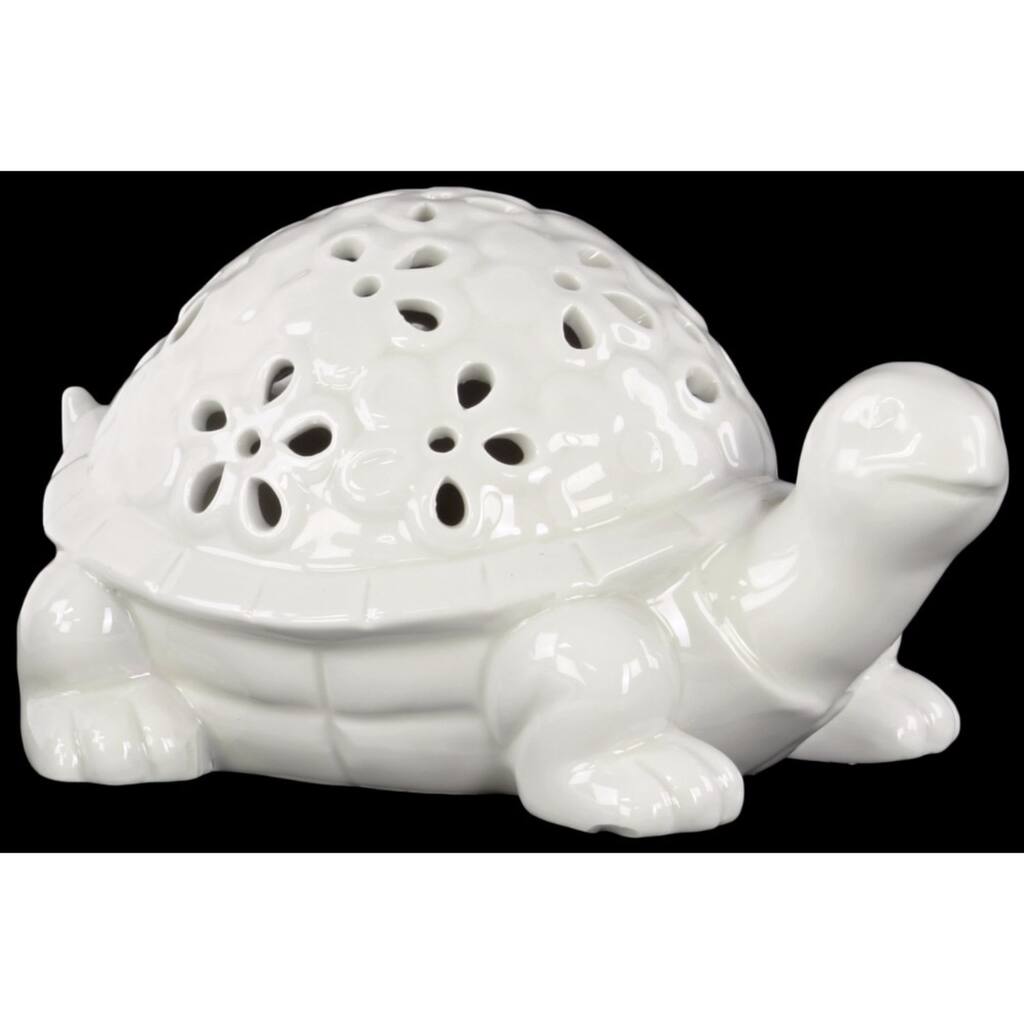 Galapagos Tortoise Figurine with Cutout Flower Design - White