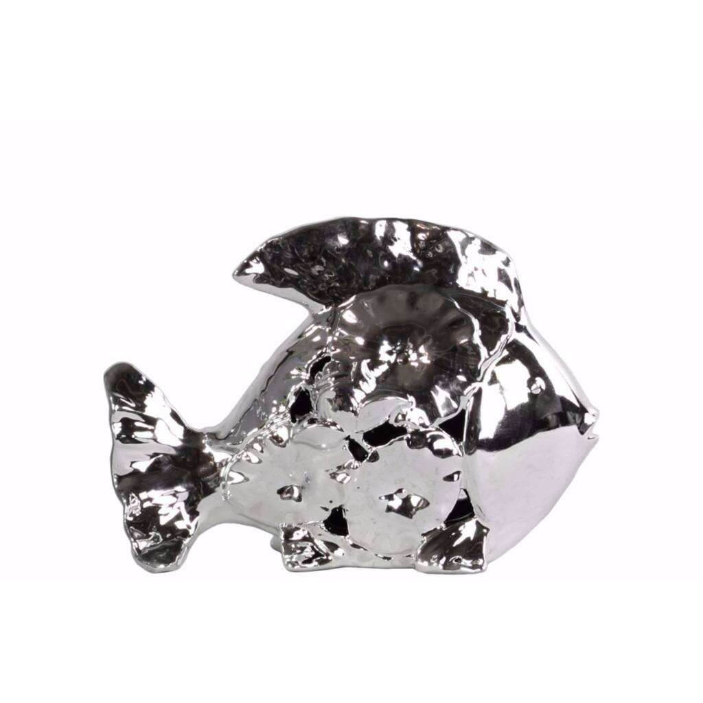 Sparkly Fish Figurine with Floral Cutout Design-Small- Silver