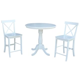 Overstock International Concepts 36 inch Round Pedestal Table with 2 X-back Counter Height Stools - Set of 3 (Painted/Antique/Almond Finish - White - 4)
