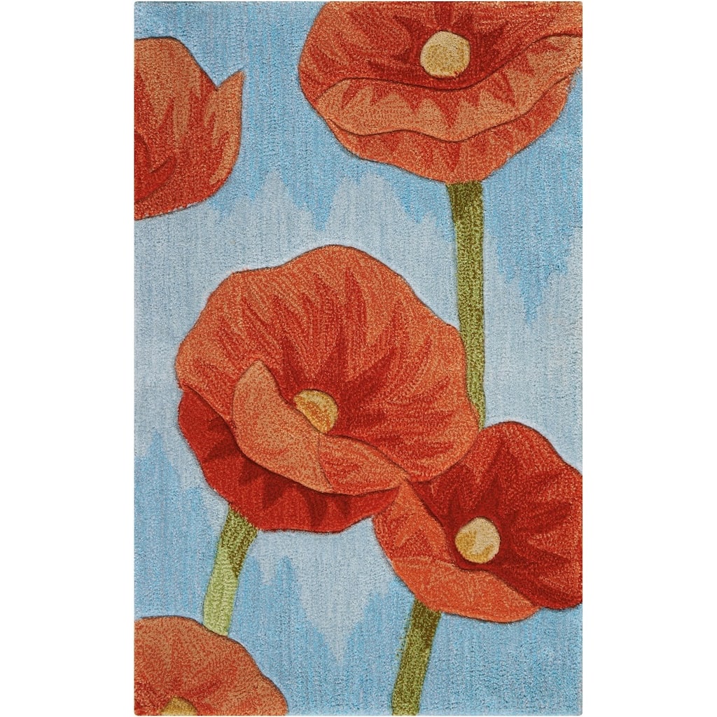 Nourison Contour Red Poppies on Sky Blue Field Area Rug