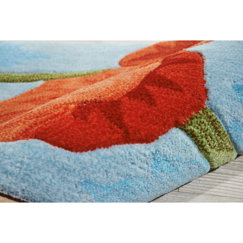 Nourison Contour Red Poppies on Sky Blue Field Area Rug