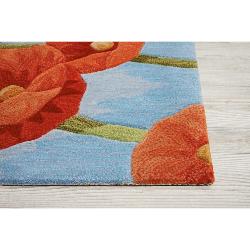 Nourison Contour Red Poppies on Sky Blue Field Area Rug