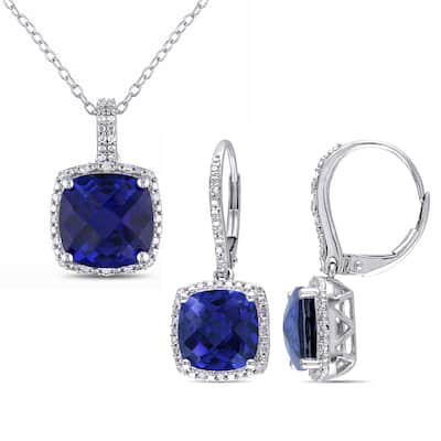 Miadora Sterling Silver Created Sapphire and 1/3ct TDW Diamond Square Halo Necklace and Leverback Earrings Set - Blue