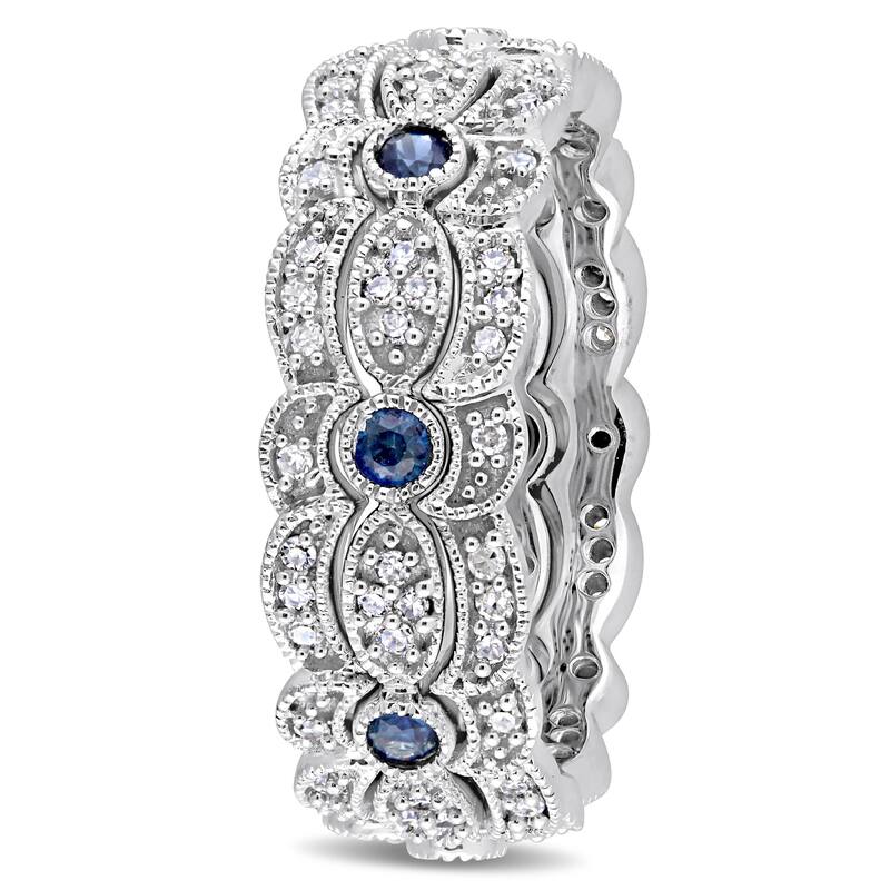 Miadora Signature Collection 14k White Gold Sapphire and 2/5ct TDW Diamond Milgrain Filigree 3-Piece Stacking Ring Set - Blue