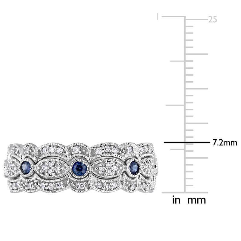 Miadora Signature Collection 14k White Gold Sapphire and 2/5ct TDW Diamond Milgrain Filigree 3-Piece Stacking Ring Set - Blue