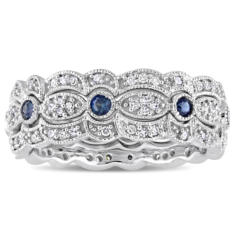 Miadora Signature Collection 14k White Gold Sapphire and 2/5ct TDW Diamond Milgrain Filigree 3-Piece Stacking Ring Set - Blue