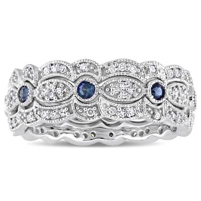 Miadora Signature Collection 14k White Gold Sapphire and 2/5ct TDW Diamond Milgrain Filigree 3-Piece Stacking Ring Set - Blue
