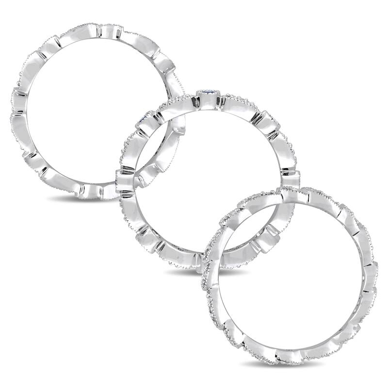 Miadora Signature Collection 14k White Gold Sapphire and 2/5ct TDW Diamond Milgrain Filigree 3-Piece Stacking Ring Set - Blue