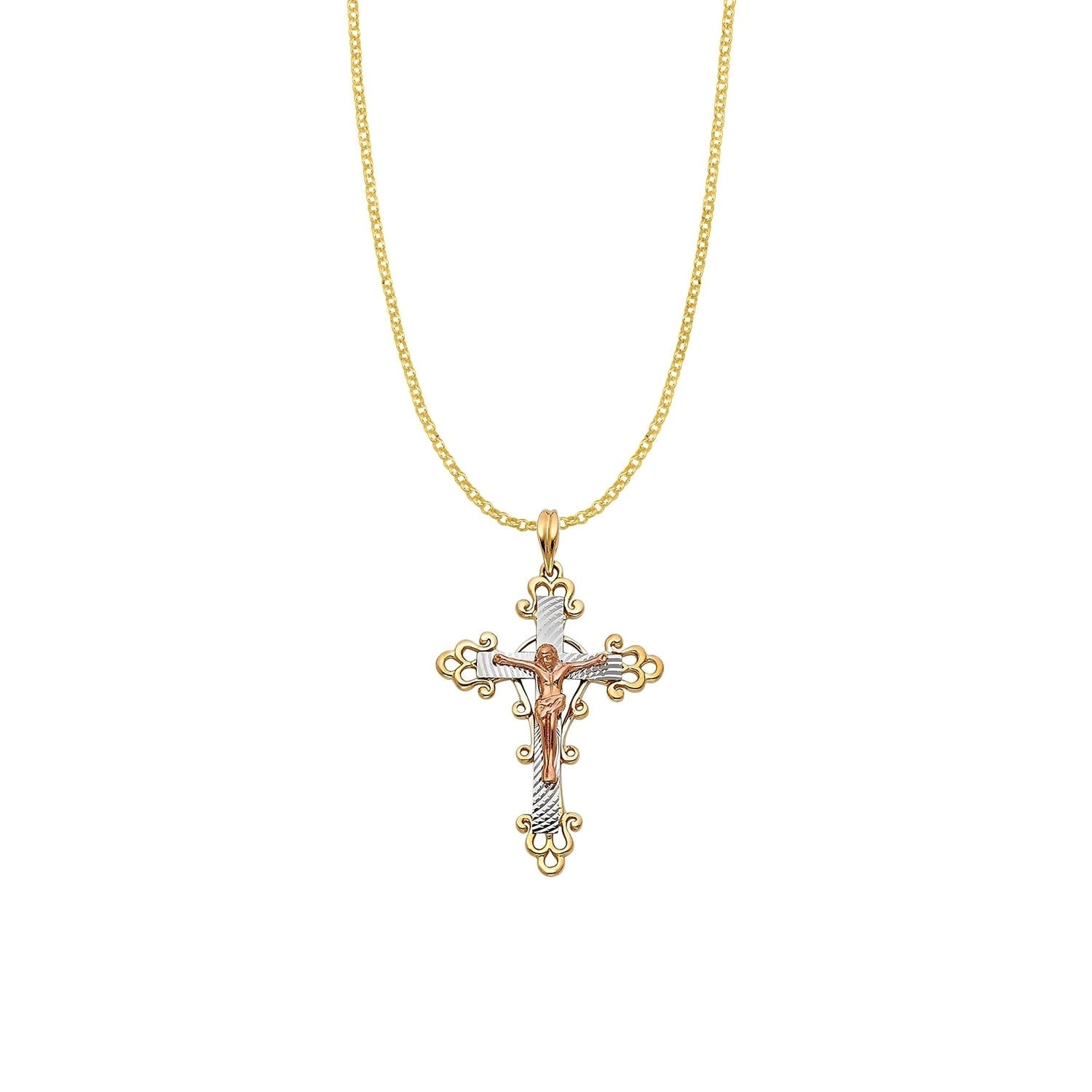 The World Jewelry Center 14k Yellow Gold CZ Religious Cross Pendant with 1.6mm Cable Chain Necklace 