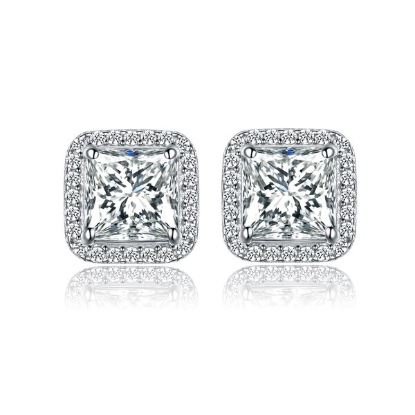 White Gold Plated Cubic  Zirconia  Princess  Cut  Stud 