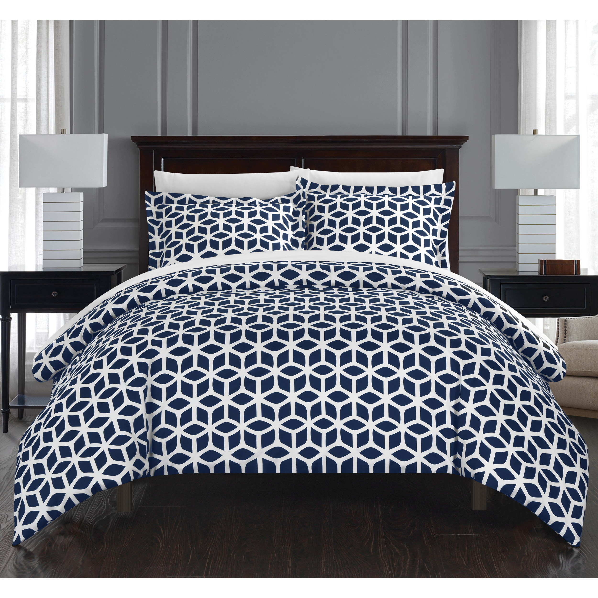 Shop Chic Home Lovey 9 Piece Navy Geometric Reversible Duvet Cover