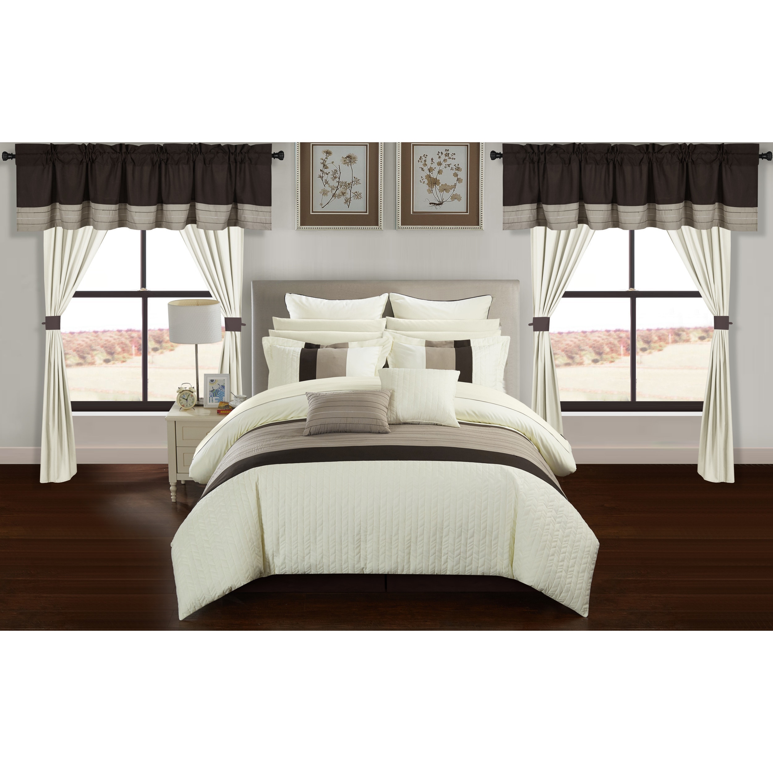 Chic Home Arisa Beige Color Block 24 Piece Room In A Bag Sheet Set And Window Curtain Included