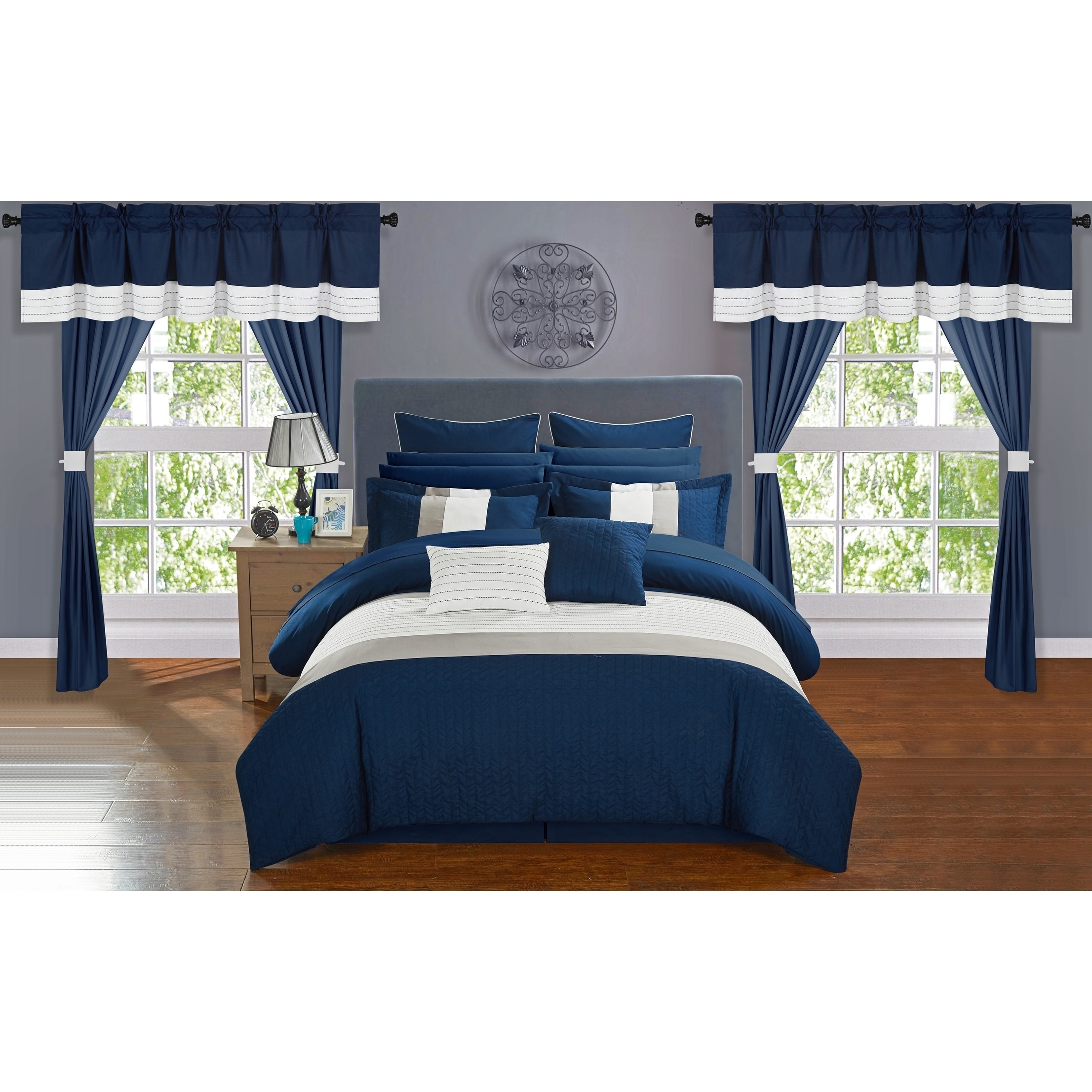 Chic Home Arisa Navy Color Block 24 Piece Room In A Bag Sheet Set And Window Curtain Included