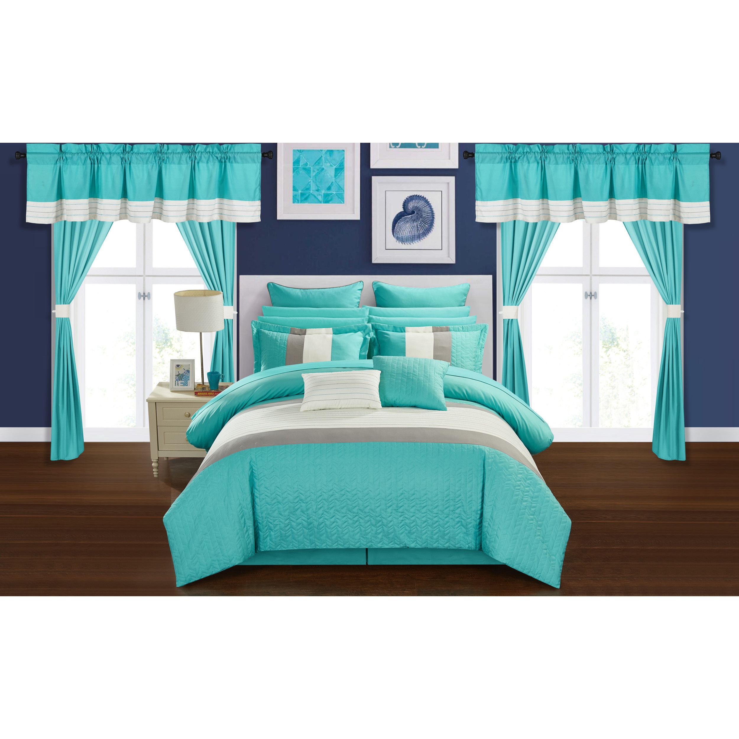 Chic Home Arisa Turquoise Color Block 24 Piece Room In A Bag Sheet Set And Window Curtain Included