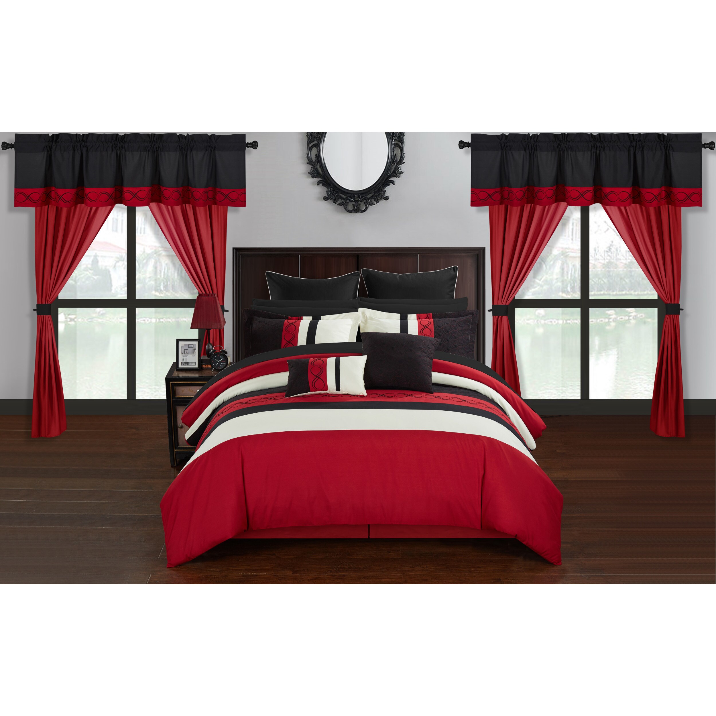 Chic Home Rinat Red Color Block 24 Piece Room In A Bag Sheet Set And Window Curtain Included