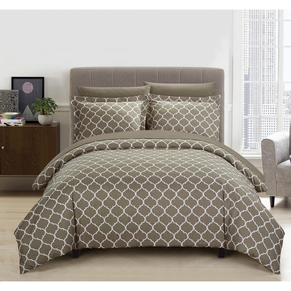 Chic Home Finlay 9 Piece Reversible Taupe Diamond Fretwork Print