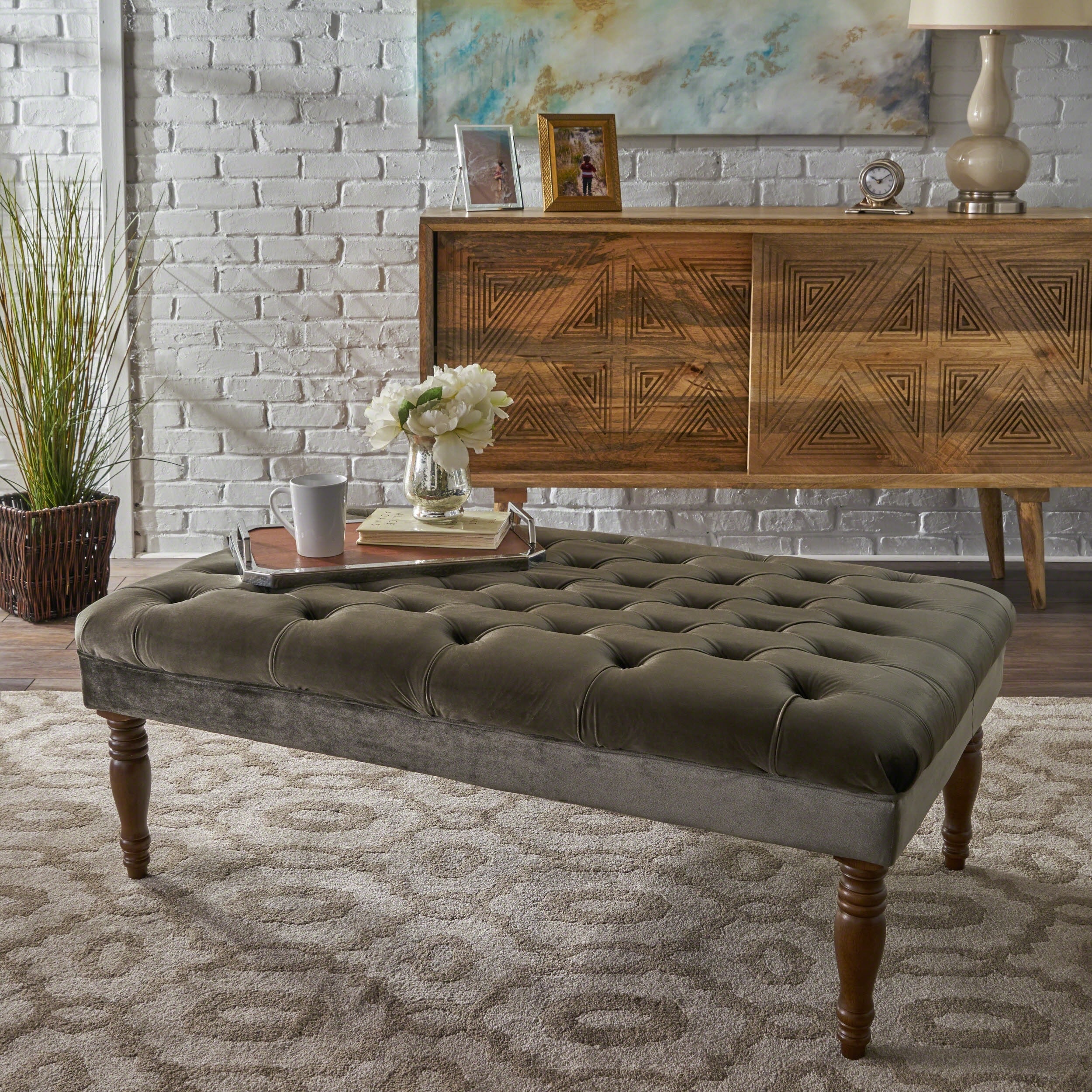 Calendra Rectangle Tufted Velvet Ottoman Bench By