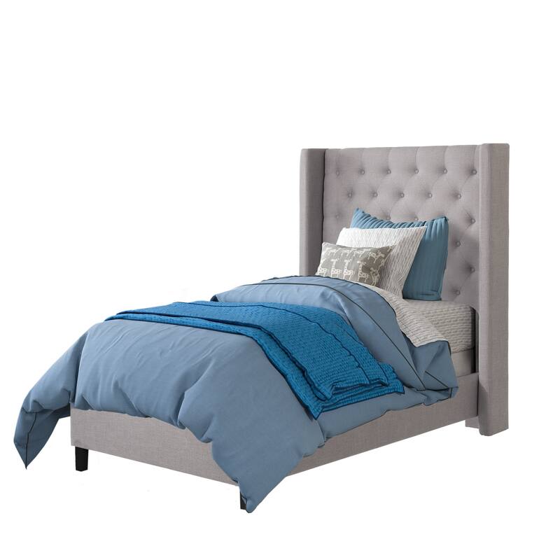 CorLiving Fairfield Tufted Fabric Bed with Wings, Twin/Single - Light grey - Upholstered