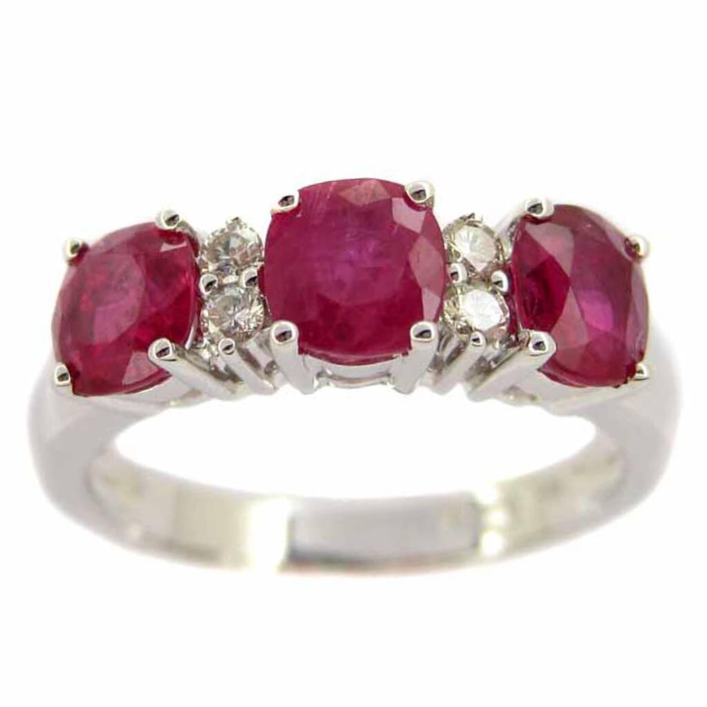 Kabella 14k White Gold Triple Ruby Diamond Band Ring - Red