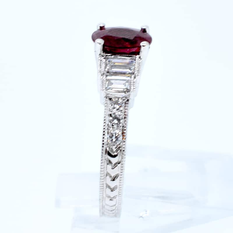 Kabella 18k White Gold Ruby and Baguette Diamond Gemstone Engagement Ring - Red