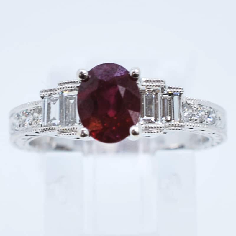 Kabella 18k White Gold Ruby and Baguette Diamond Gemstone Engagement Ring - Red