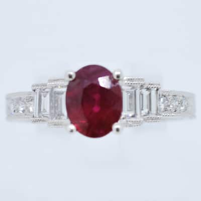 Kabella 18k White Gold Ruby and Baguette Diamond Gemstone Engagement Ring - Red