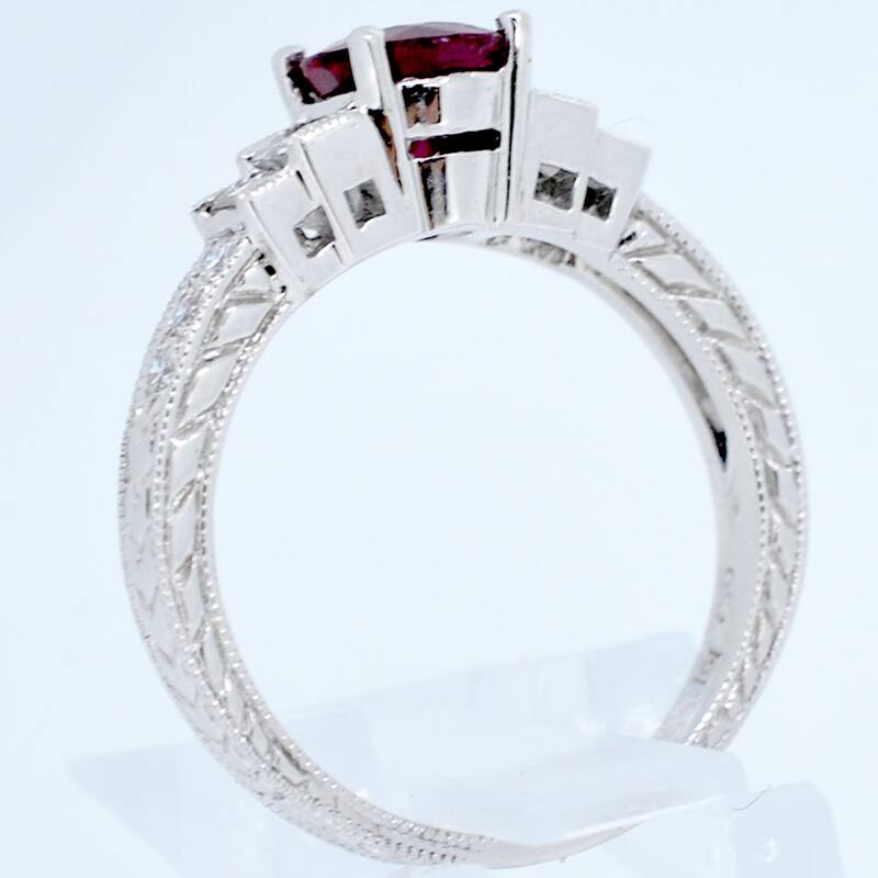 Kabella 18k White Gold Ruby and Baguette Diamond Gemstone Engagement Ring - Red