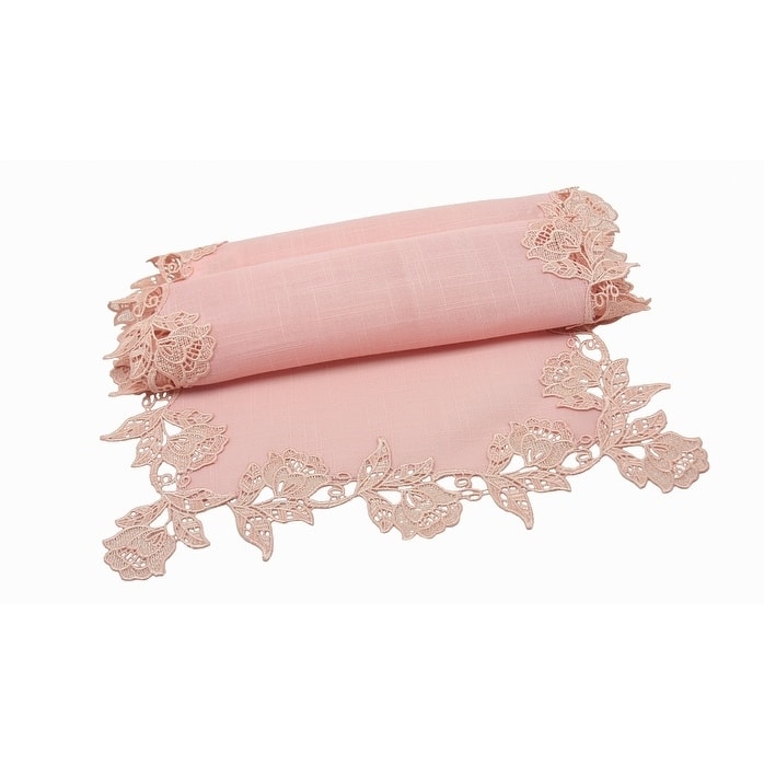 English Rose Lace Trim Table Runner, 16 by 72-Inch, Rose Quartz