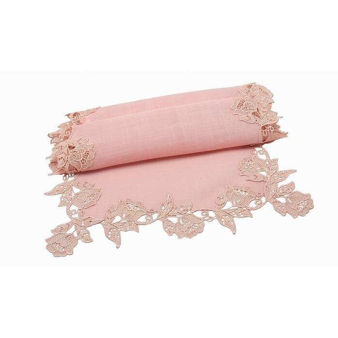 English Rose Lace Trim Table Runner, 16 by 72-Inch, Rose Quartz
