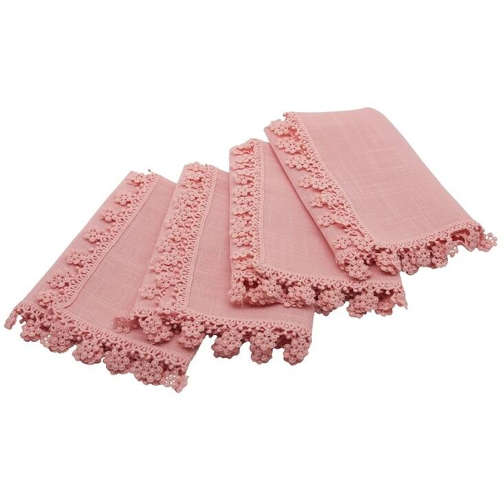 Floral Charm Lace Trim Napkins, 20 by 20-Inch, Set of 4, Rose Quartz