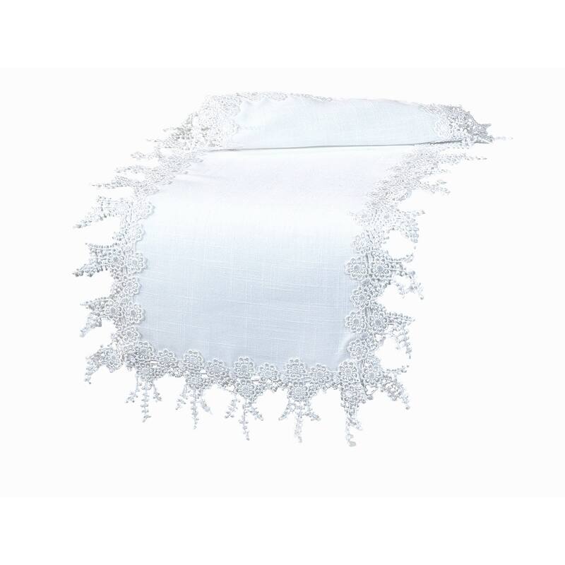 Floral Garden Lace Trim Table Runner, 16 by 36-Inch, White